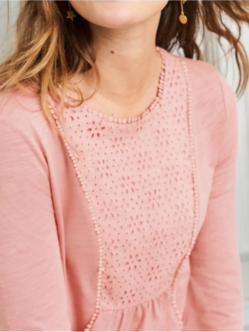 Boden Cleo Broderie Slub Jersey Top Pink Eyelet Cotton Lace Long Sleeve US 6R - Picture 2 of 14